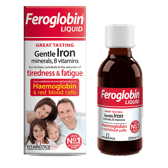 Bottle of Vitabiotics Feroglobin Liquid supplement, 200ml, with dropper cap and label showing nutritional information.