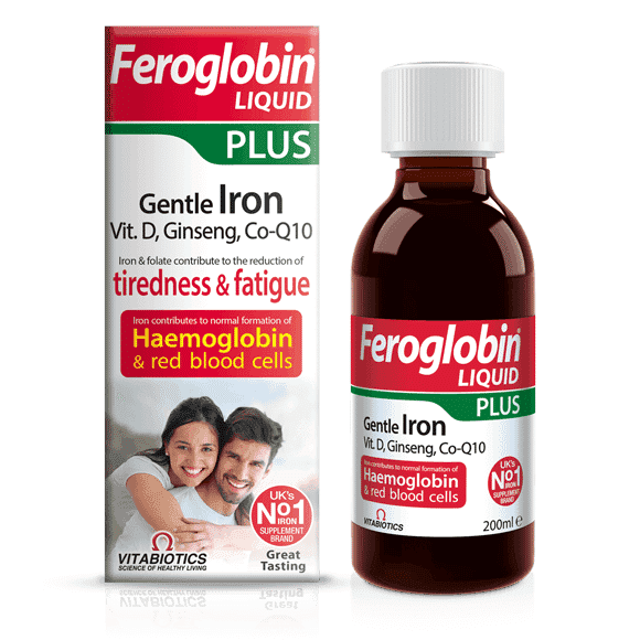 Vitabiotics Feroglobin Liquid Plus 200ml bottle showing the supplement's label and packaging.