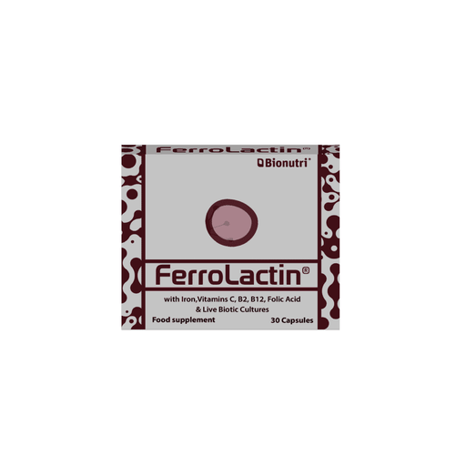 Bionutri Ferrolactin 30s supplement bottle with label showing capsules, designed for iron and lactoferrin health support.