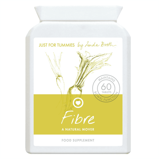 Just For Tummies Fibre supplement box with 60 capsules, featuring green and white packaging and product branding.