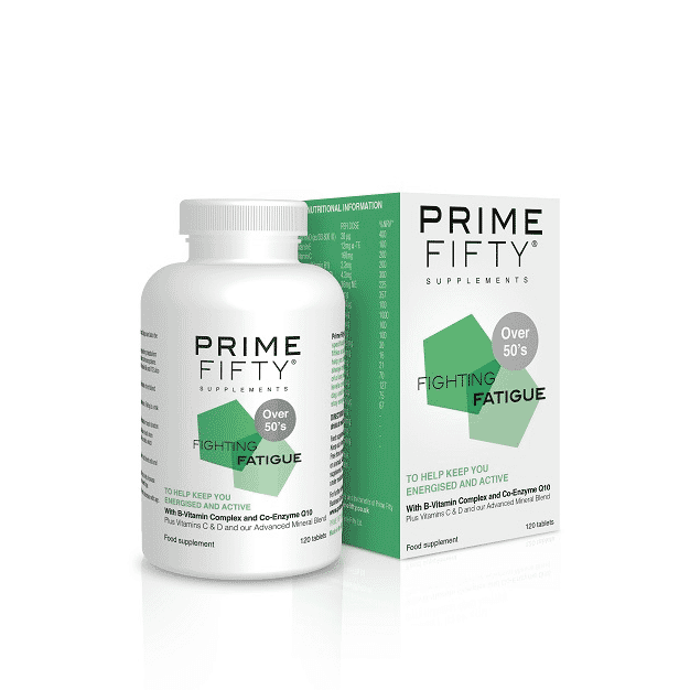 Prime Fifty Fighting Fatigue supplement bottles with label displaying product name and dosage, set against a plain background.