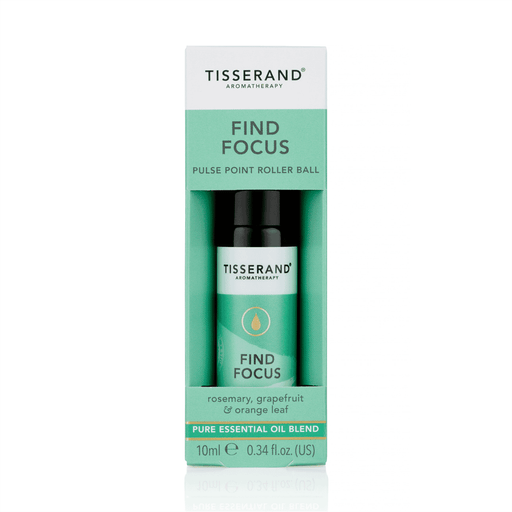 Tisserand Find Focus Pulse Point Roller Ball 10ml with a transparent rollerball and packaging featuring the product label.