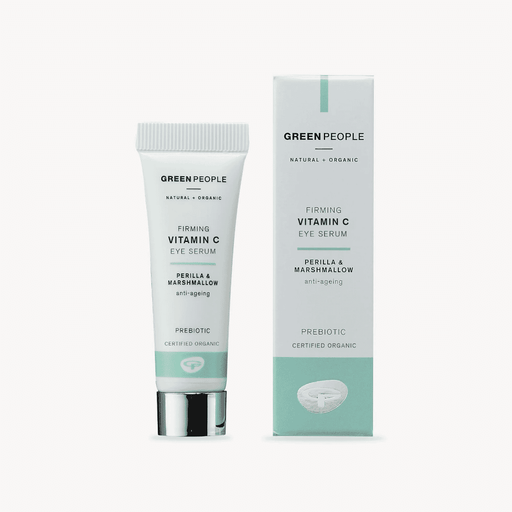Green People Firming Vitamin C Eye Serum with Perilla and Marshmallow, 10ml, showing the serum bottle and natural ingredients.