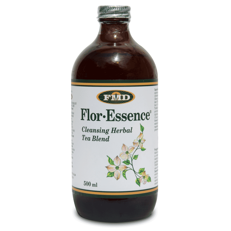 FMD Flor-Essence Cleansing Herbal Tea Blend 500ml bottle with herbal tea ingredients and clear label on the packaging