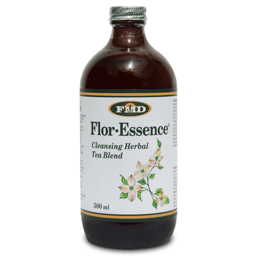 FMD Flor-Essence Cleansing Herbal Tea Blend 500ml bottle with herbal tea ingredients and clear label on the packaging