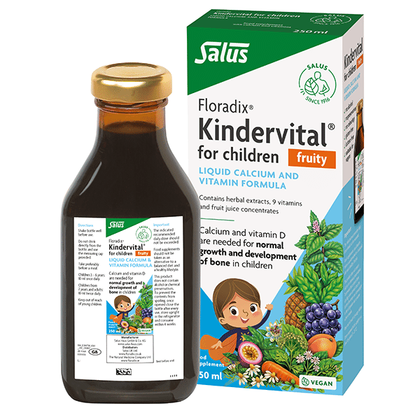Salus Floradix Kindervital for Children Fruity liquid supplement in a 250ml bottle with colorful label and cap