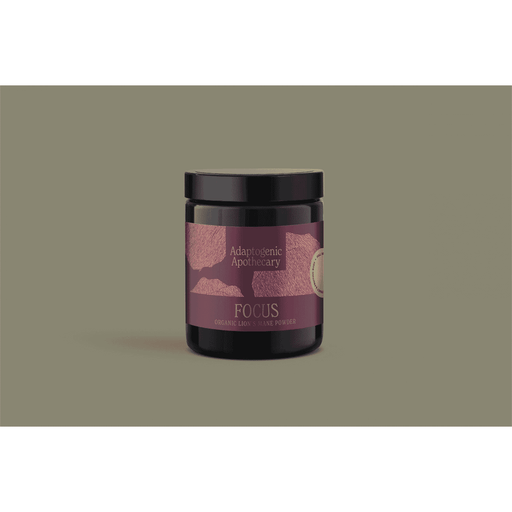 Organic Lion's Mane powder by Adaptogenic Apothecary in a 60g jar, showing the powder and packaging.