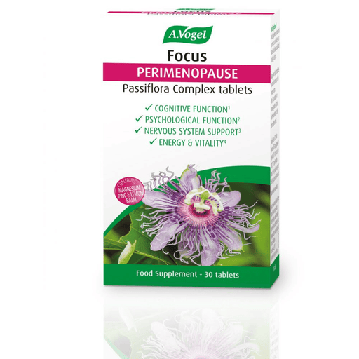 A Vogel Focus Perimenopause Passiflora Complex tablets bottle, showing 30 tablets in a white container with label detailing product.