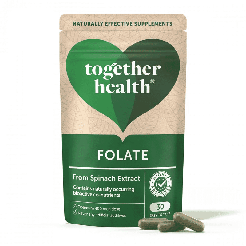 Bottle of Together Health Folate supplements with 30 capsules, featuring a white label and green accents.