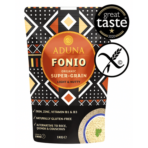 Organic Aduna Fonio super grain in a 1kg package, showcasing the light, fluffy texture of this nutritious gluten-free grain.
