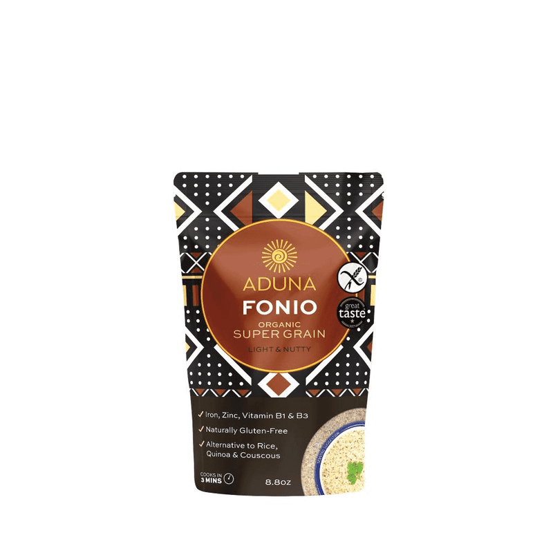 Organic Aduna Fonio super grain in a 250g package, showcasing the light, fluffy grains in a natural setting.