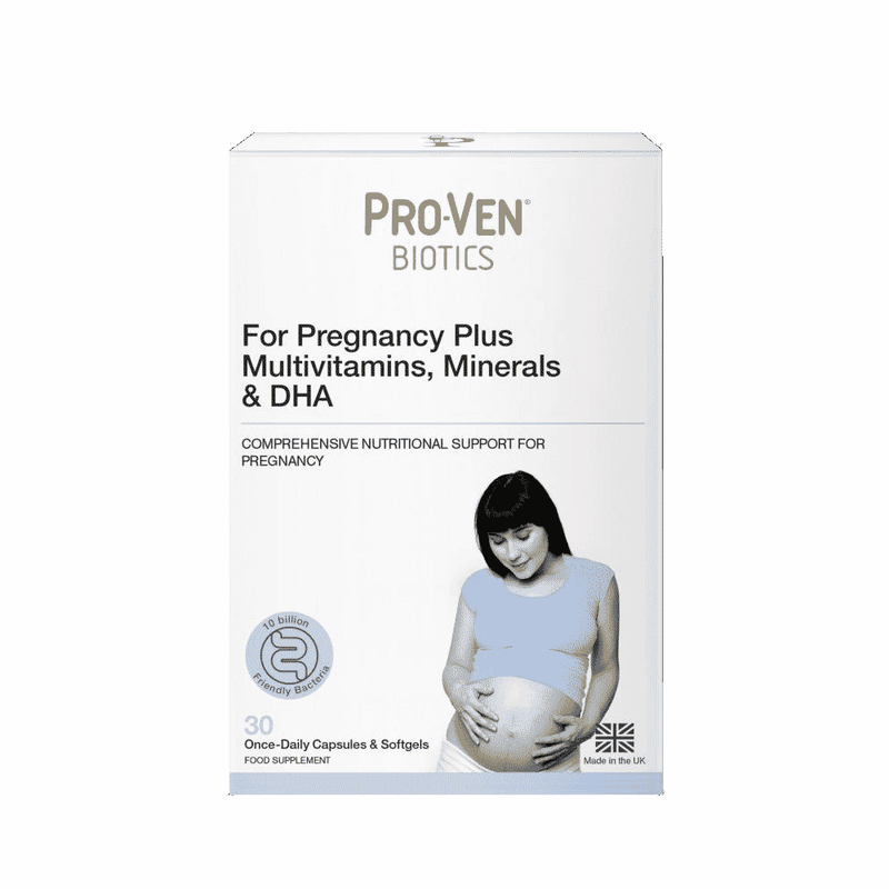 Proven Biotics Pregnancy Plus multivitamins with minerals and DHA, featuring 30 capsules and 30 softgels on a white background.