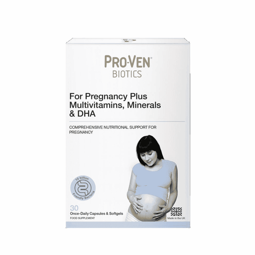 Proven Biotics Pregnancy Plus multivitamins with minerals and DHA, featuring 30 capsules and 30 softgels on a white background.