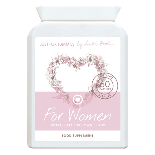 Just For Tummies for Women 60s supplement bottle with label, featuring a woman in her 60s smiling outdoors.