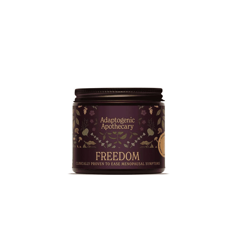 Adaptogenic Apothecary Freedom 180g jar with herbal supplement powder inside, showcasing the product container.