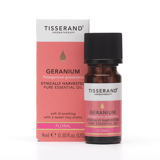 Tisserand Geranium Essential Oil bottle with clear label, showcasing the 9ml glass container and botanical packaging.