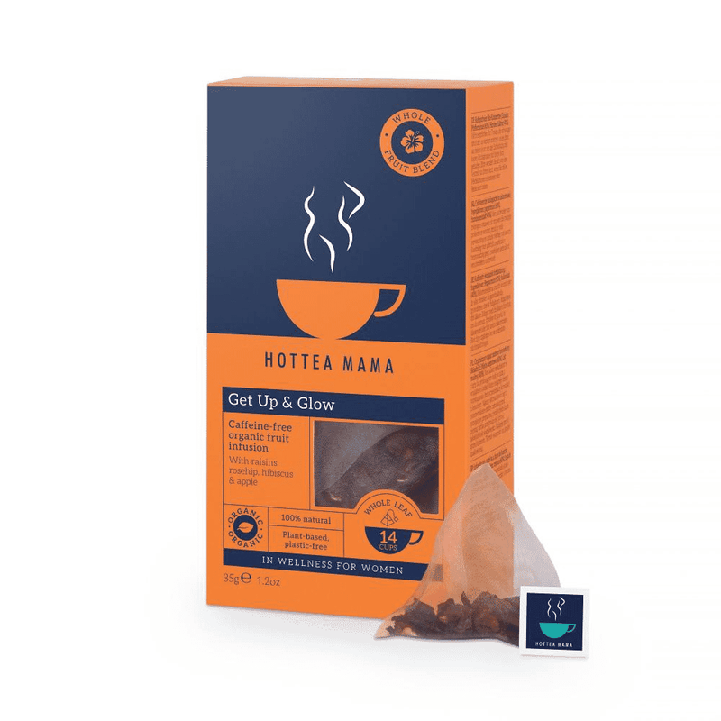 HotTea Mama Get Up & Glow organic fruit infusion tea in a box with 14 cups, featuring colorful fruit blend packaging.