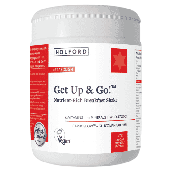 Patrick Holford Get Up & Go! nutrient-rich breakfast shake in 300g powder form, ready to blend for a nutritious start.