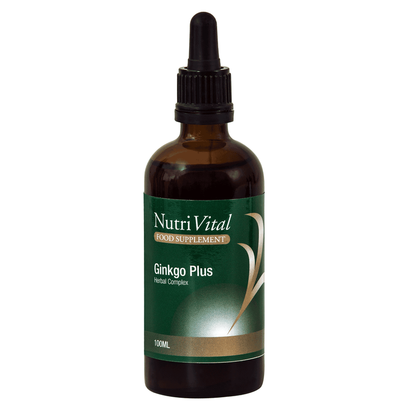 Nutrivital Ginkgo Plus 100ml bottle with label, herbal supplement featuring ginkgo extract in a clear glass bottle.