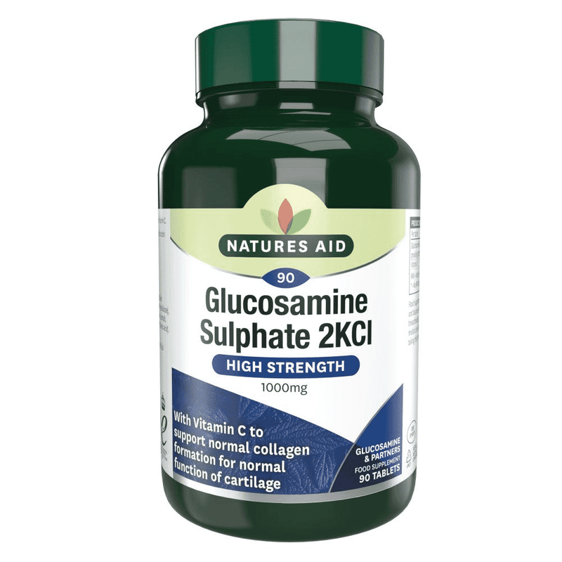 Natures Aid Glucosamine Sulphate 2KCI high strength 1000mg supplement bottle with 90 tablets, for joint health and mobility.