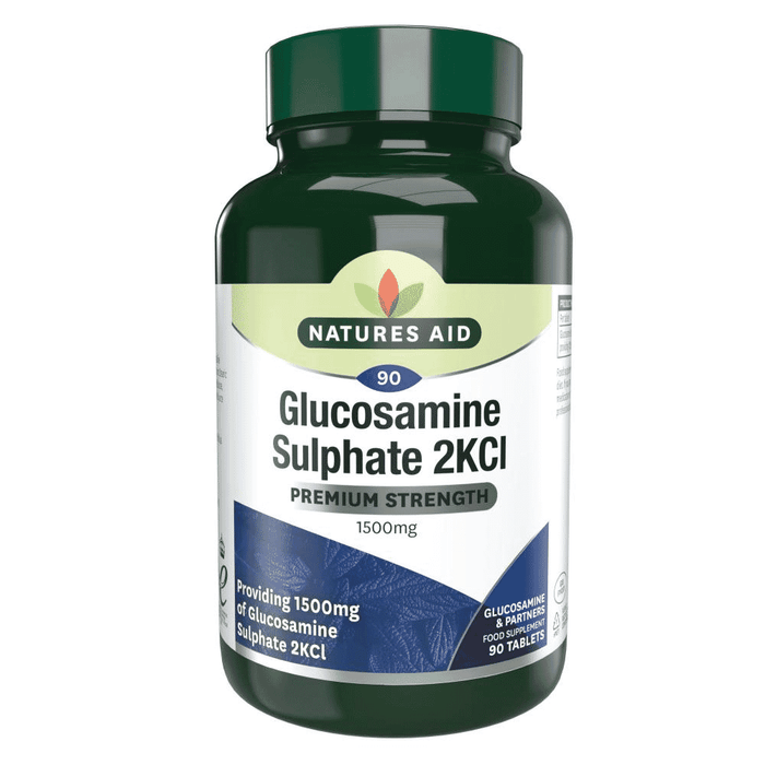Natures Aid Glucosamine Sulphate 2KCI 1500mg supplement bottle with 90 capsules, designed for joint health support.