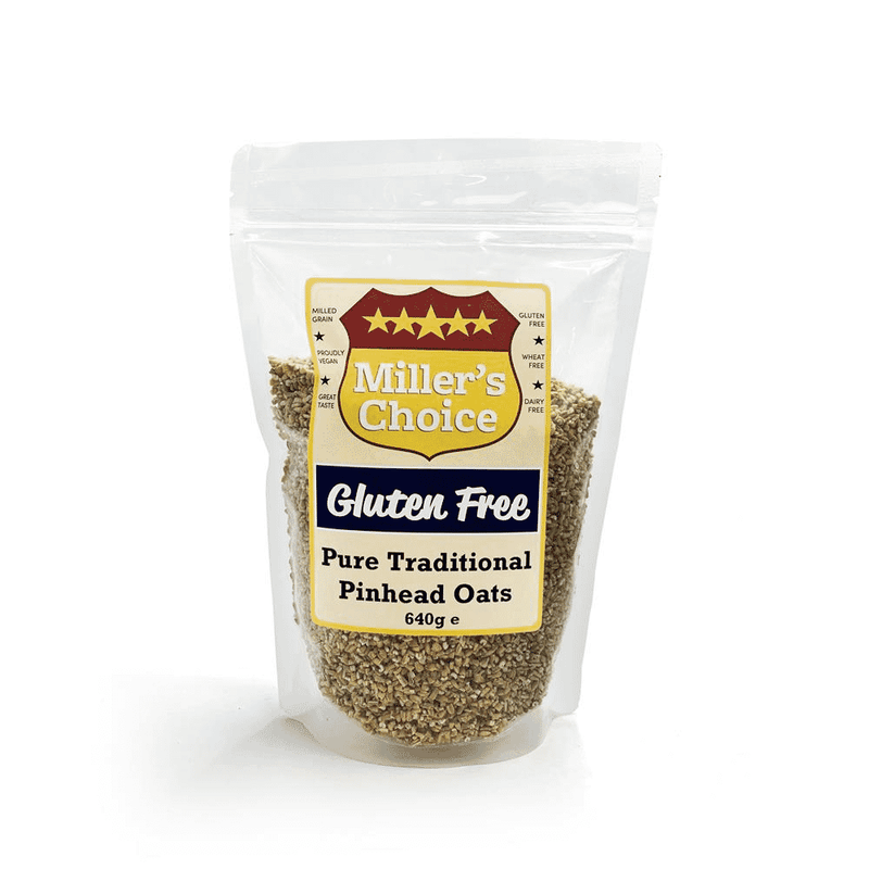 Miller's Choice gluten-free pure traditional pinhead oats in a 640g package, showing oats in clear packaging.
