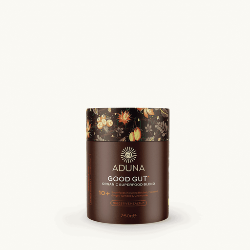 Organic Aduna Good Gut Superfood Blend in a 250g container, featuring a colorful mix of grains and herbs for digestive health.