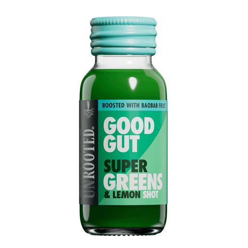 Unrooted Good Gut Super Green & Lemon Shot 12-pack with 60ml bottles, featuring vibrant green and yellow liquid in clear bottles.