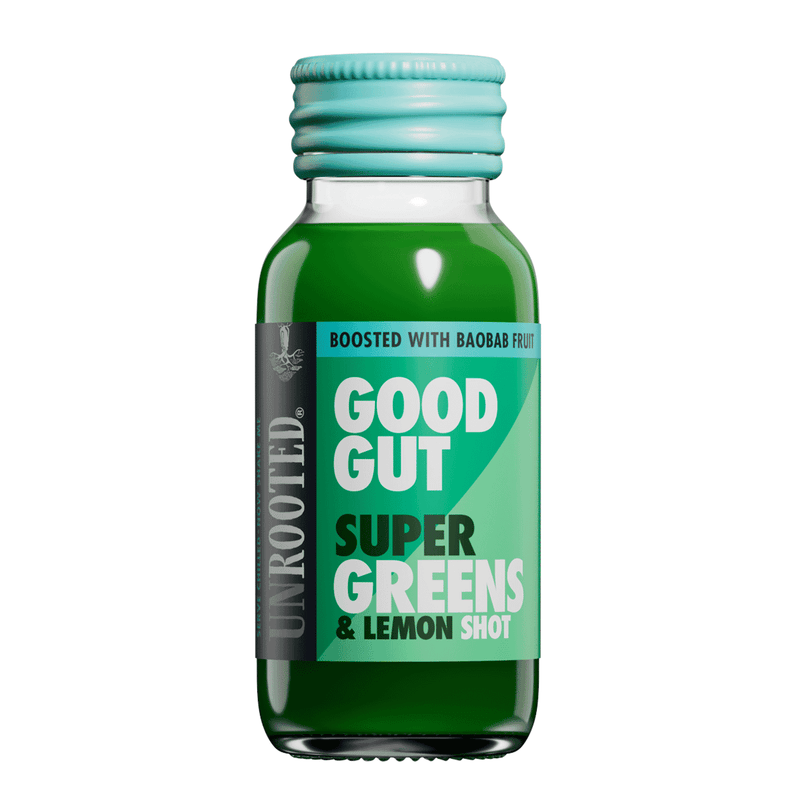 Unrooted Good Gut Super Green & Lemon Shot 60ml bottle, showing the vibrant green liquid in a clear glass.