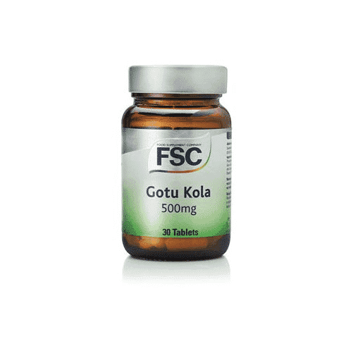 FSC Gotu Kola 500mg supplement bottles showing green capsules and label with product name and branding.