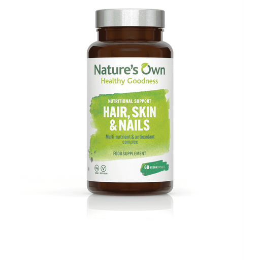 Nature's Own Hair, Skin & Nails supplement bottle, featuring 60 capsules, with colorful label highlighting beauty and wellness.