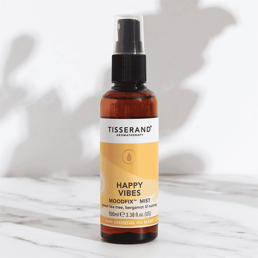 Tisserand Happy Vibes MoodFix Mist 100ml bottle with label, designed for mood uplifting aromatherapy spray.