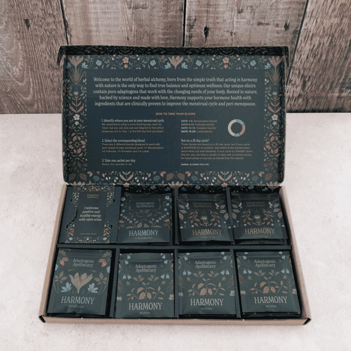 Adaptogenic Apothecary Harmony 28s herbal supplement bottle with natural ingredients and label visible.