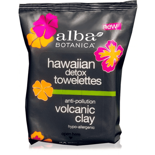 Alba Botanica Hawaiian Detox Towelettes with volcanic clay for anti-pollution cleansing, 25 count, natural skincare product.