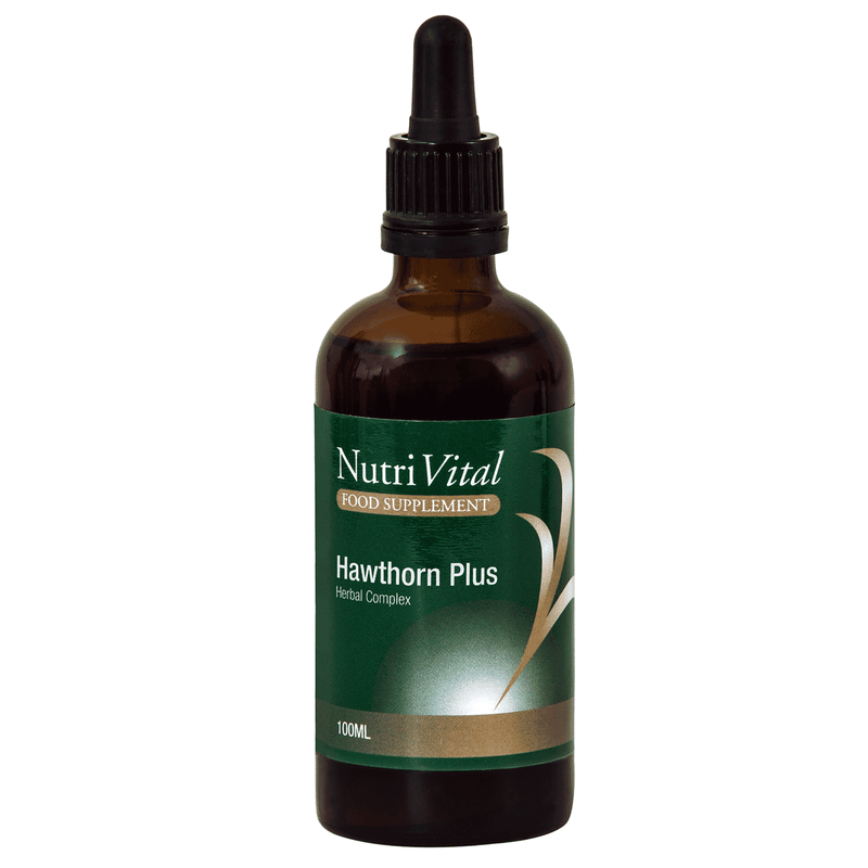 Nutrivital Hawthorn Plus 100ml bottle with label showing hawthorn plant imagery and product details.
