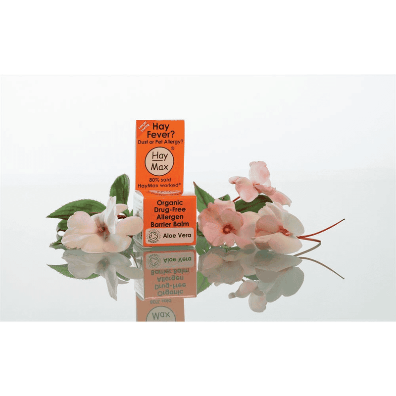 HayMax Organic Drug-Free Allergen Barrier Balm with Aloe Vera in 5ml jar, showing the soothing balm texture.