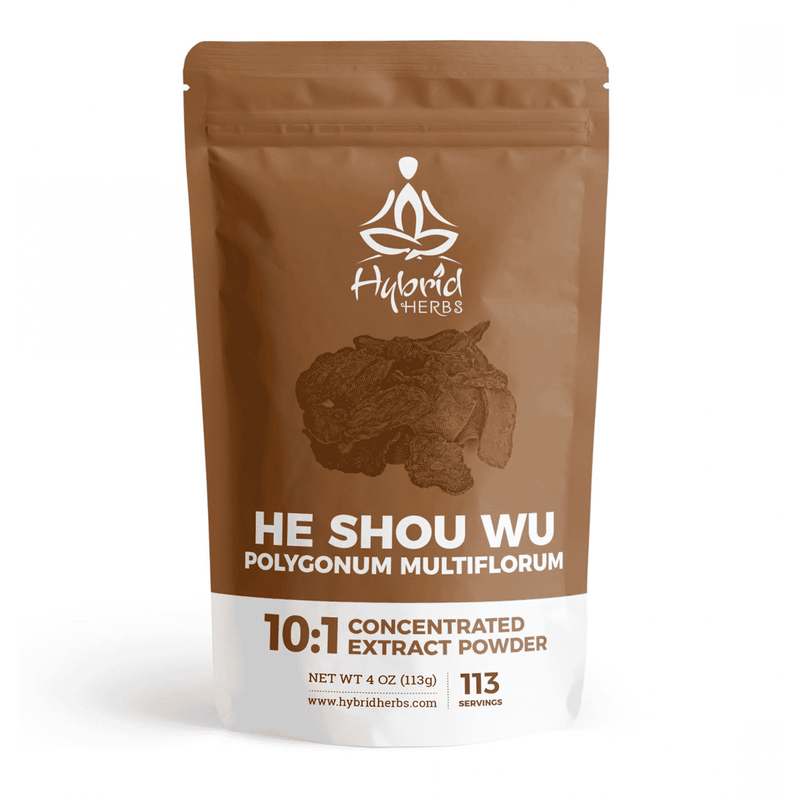 Hybrid Herbs He Shou Wu 113g herbal supplement packaging with the product label and branding visible.