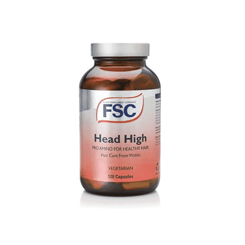FSC Head High Pro Amino supplement for healthy hair, 120 capsules, featuring amino acids to support hair health and growth.