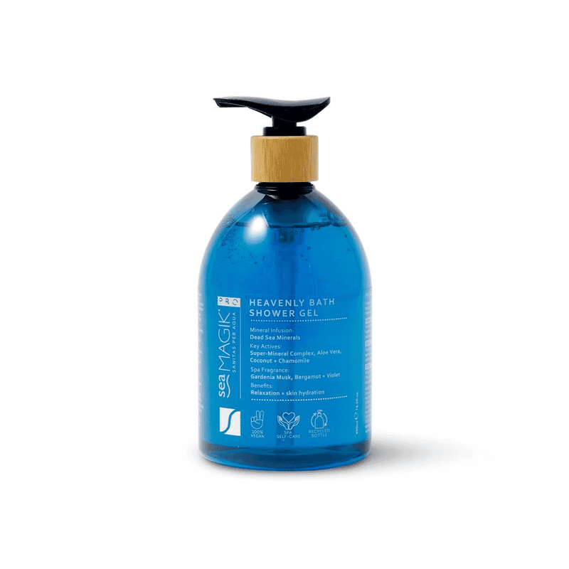 Sea Magik Heavenly Bath Shower Gel 490ml with a sleek bottle, featuring a calming label design and a clear liquid inside.