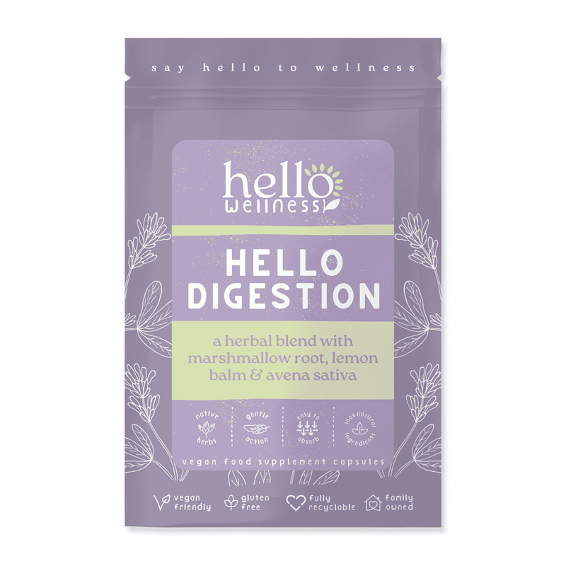 Hello Wellness Hello Digestion supplement bottles, showing 60 capsules on white background.