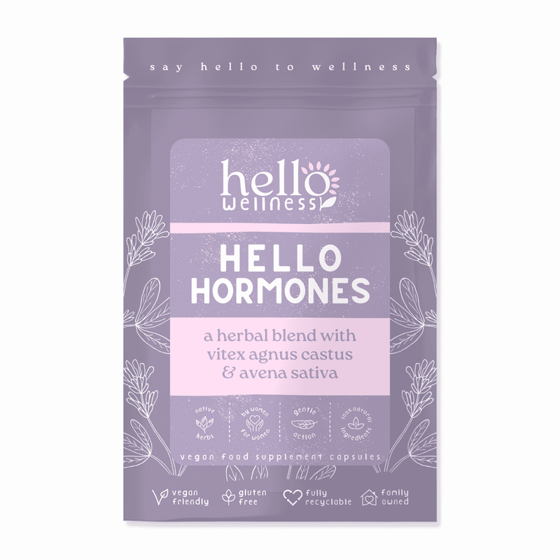 Hello Wellness Hello Hormones supplement bottle with 60 capsules, featuring natural herbal ingredients for hormonal balance.