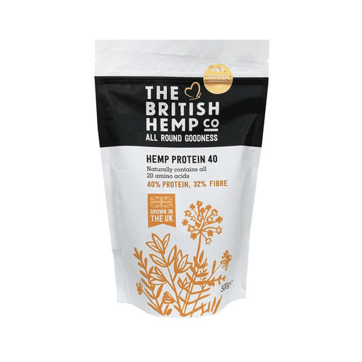 Hemp Protein 40 by The British Hemp Co in a 500g bag, showing the product packaging with hemp plant imagery and branding.