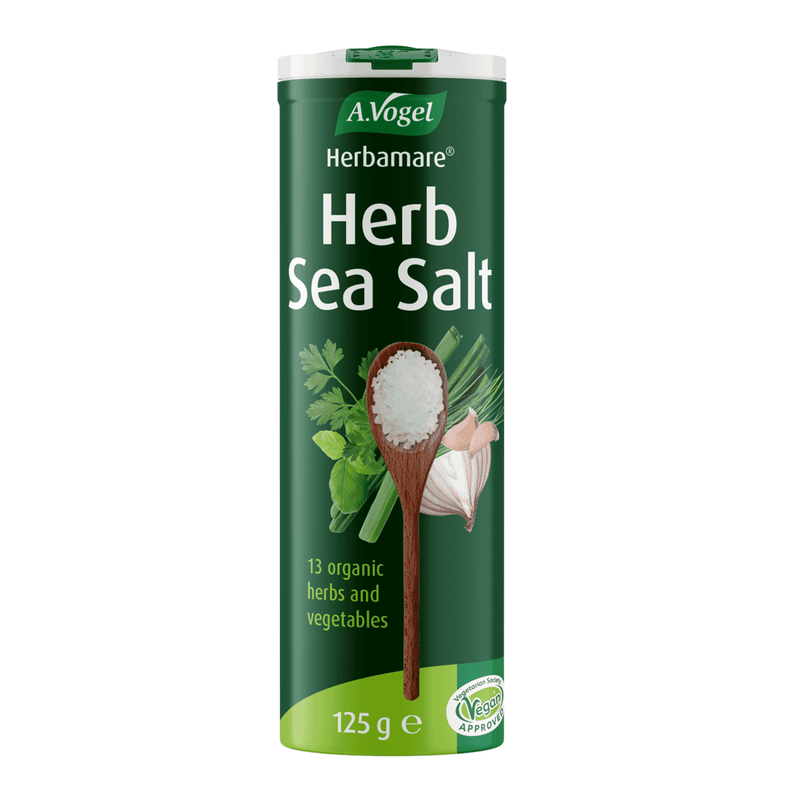 A Vogel Herbamare Herb Sea Salt 125g jar with sea salt, herbs, and spices in a clear glass container.