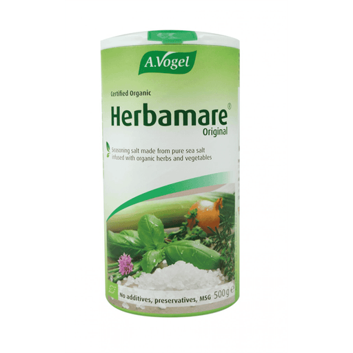 A Vogel BioForce Herbamare Original Seasoning Salt 500g jar showing the label and product packaging.