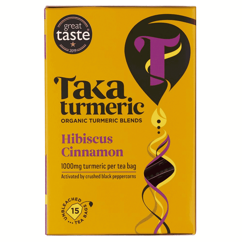 Taka Turmeric Hibiscus Cinnamon Teabags in a box, showing individual teabags with hibiscus and cinnamon ingredients.