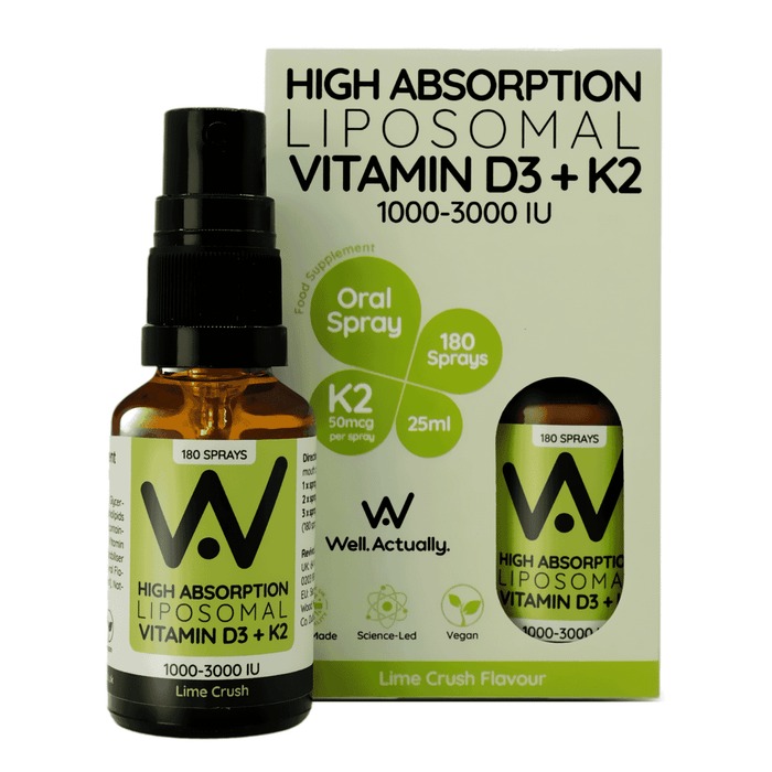 Well.Actually. High Absorption Liposomal Vitamin D3 + K2 1000-3000IU Oral Spray Lime Crush 25ml