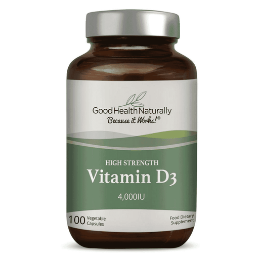 Bottle of Good Health Naturally High Strength Vitamin D3 4,000IU softgels with 100 capsules in clear packaging