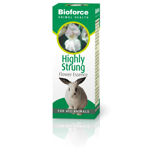 A Vogel BioForce Highly Strung Animal Health 30ml bottle with a white label and blue cap, designed for animal wellness.