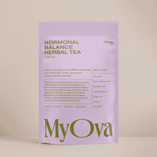 MyOva Hormonal Balance Herbal Tea 240g, showing the herbal tea packaging with a clear label and natural tea ingredients.