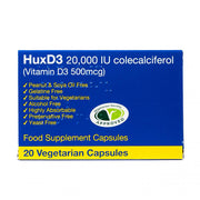 Huxley Europe HuxD3 Vitamin D3 20,000 IU supplement bottles, showing label and capsules in clear view.